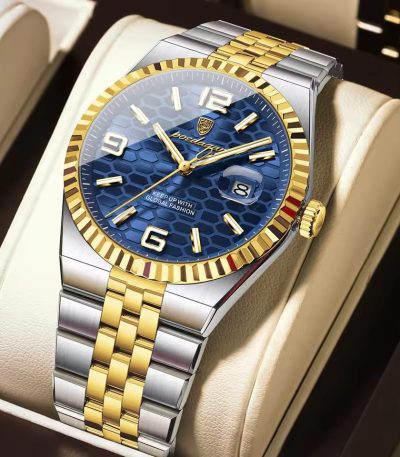A POEDAGAR 839 Fashion Business Mens Quartz Watch with a two-tone gold and silver band and a textured blue dial.