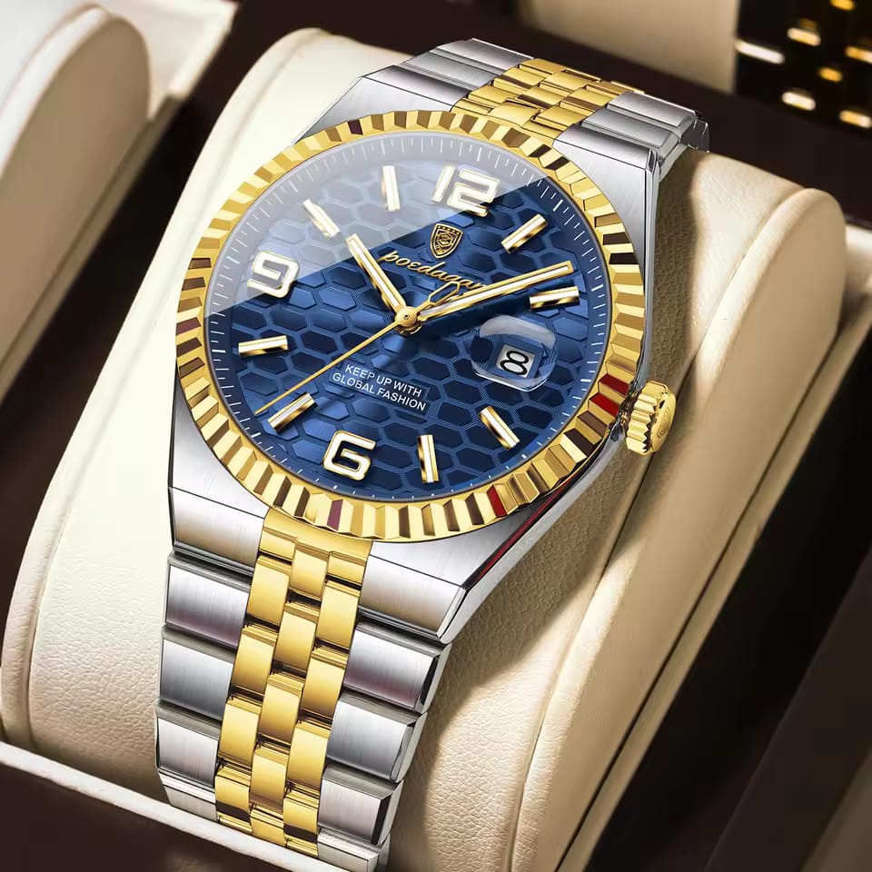 A POEDAGAR 839 Fashion Business Mens Quartz Watch with a two-tone gold and silver band and a textured blue dial.
