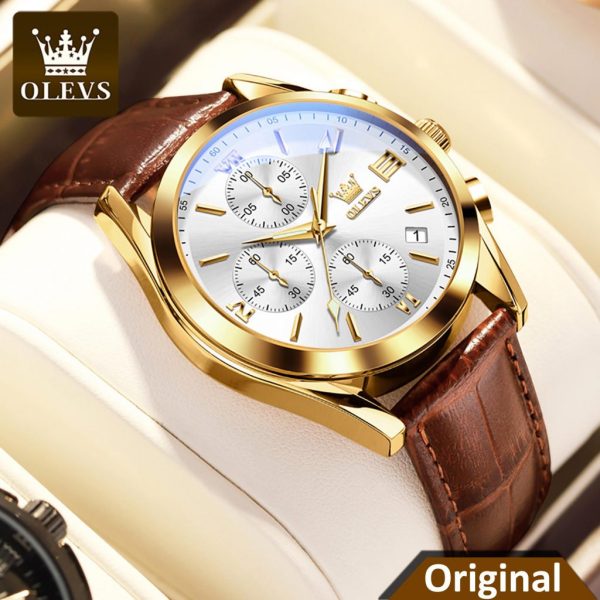 A close-up of the Olevs 5910 watch, featuring a gold case, white chronograph dial, and a brown textured leather strap.