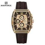 Naviforce NF6101 Men's Watch with a rose gold case, coffee brown dial, and matching brown silicone strap shown from the front.