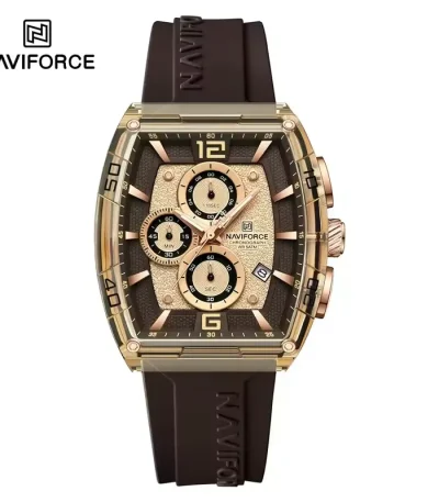 Naviforce NF6101 Men's Watch with a rose gold case, coffee brown dial, and matching brown silicone strap shown from the front.