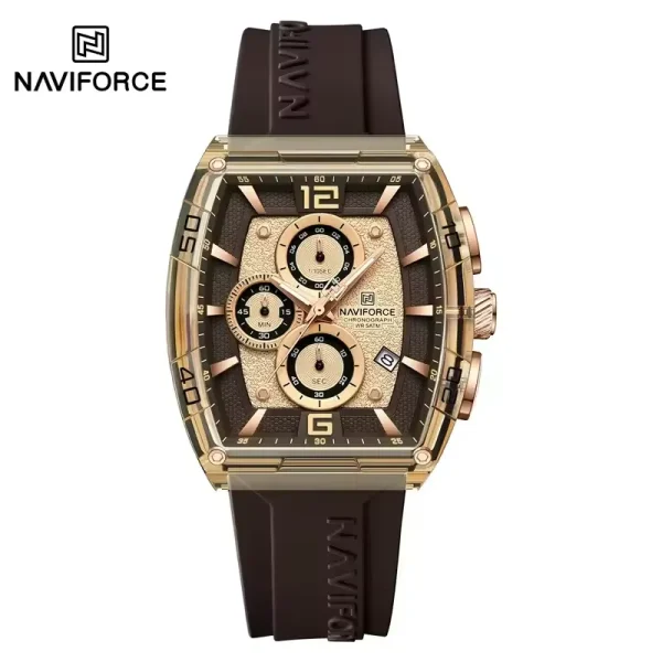 Naviforce NF6101 Men's Watch with a rose gold case, coffee brown dial, and matching brown silicone strap shown from the front.