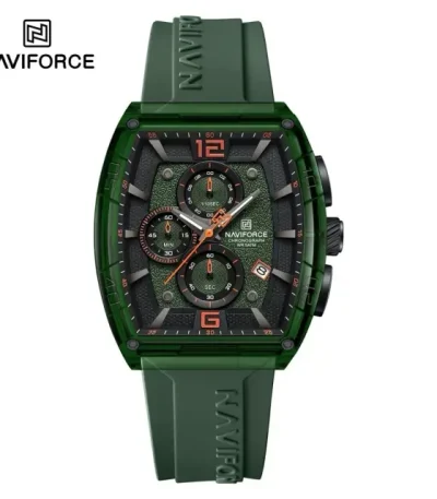Front view of the Naviforce 6101 Men's Watch, featuring a green case, a matching green silicone strap, and a dark chronograph dial.