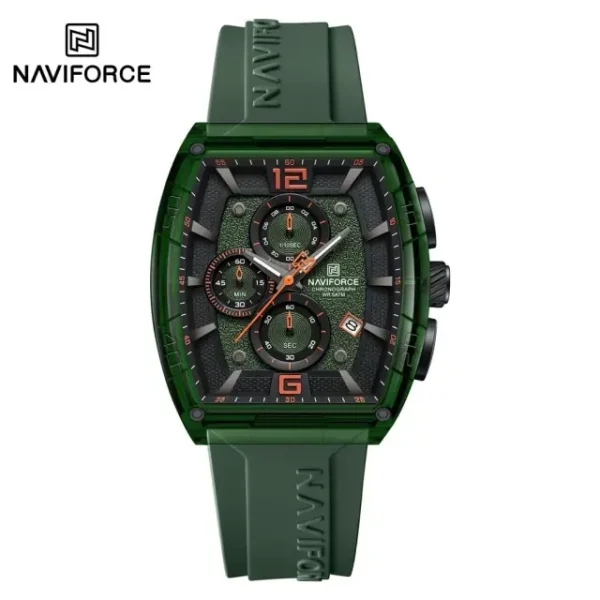 Front view of the Naviforce 6101 Men's Watch, featuring a green case, a matching green silicone strap, and a dark chronograph dial.
