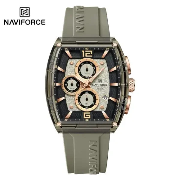 A front view of the Naviforce NF6101 men's watch, featuring a translucent rose gray case and a matching gray silicone strap.