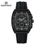 A Naviforce NF6101 men's watch shown from the front, featuring a black rectangular case, a textured chronograph dial, and a black strap.