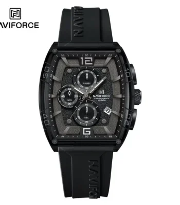 A Naviforce NF6101 men's watch shown from the front, featuring a black rectangular case, a textured chronograph dial, and a black strap.