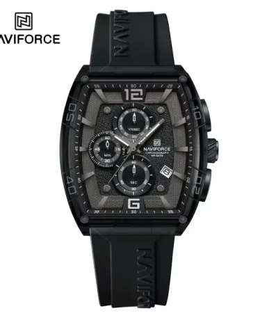 A Naviforce NF6101 men's watch shown from the front, featuring a black rectangular case, a textured chronograph dial, and a black strap.