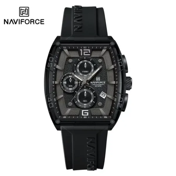 A Naviforce NF6101 men's watch shown from the front, featuring a black rectangular case, a textured chronograph dial, and a black strap.