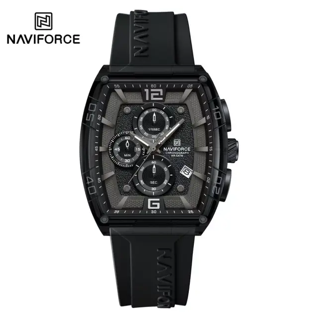 A Naviforce NF6101 men's watch shown from the front, featuring a black rectangular case, a textured chronograph dial, and a black strap.