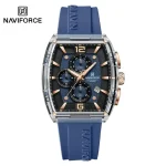 Front view of the Naviforce NF6101 Men's Watch, featuring a blue textured dial, rose gold details, and a blue silicone strap.