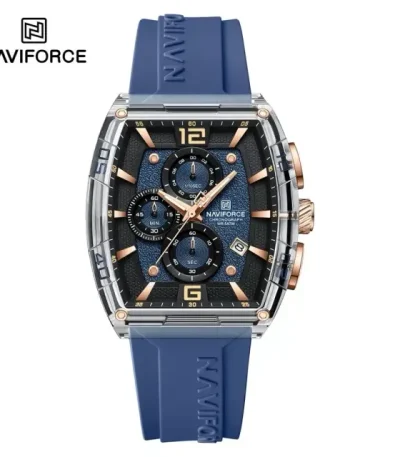 Front view of the Naviforce NF6101 Men's Watch, featuring a blue textured dial, rose gold details, and a blue silicone strap.