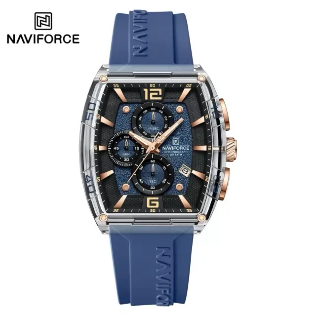 Front view of the Naviforce NF6101 Men's Watch, featuring a blue textured dial, rose gold details, and a blue silicone strap.