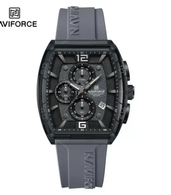 A front view of the gray Naviforce 6101 men's watch, featuring a black chronograph dial and a gray silicone strap.