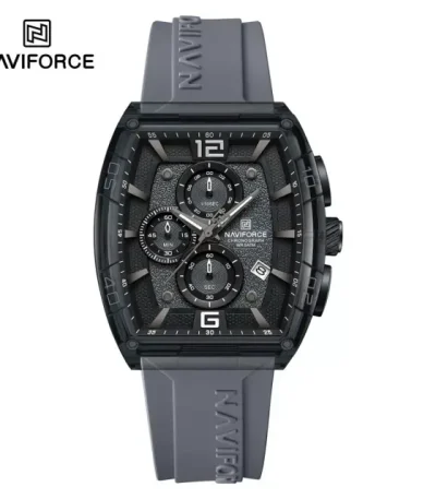 A front view of the gray Naviforce 6101 men's watch, featuring a black chronograph dial and a gray silicone strap.