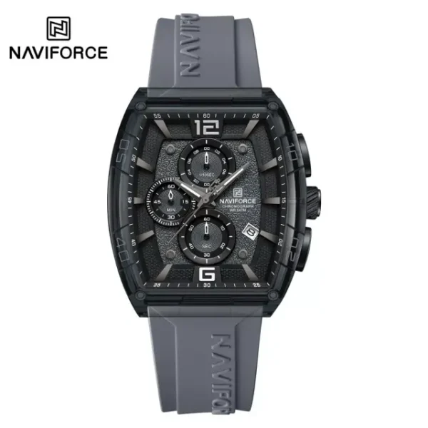 A front view of the gray Naviforce 6101 men's watch, featuring a black chronograph dial and a gray silicone strap.