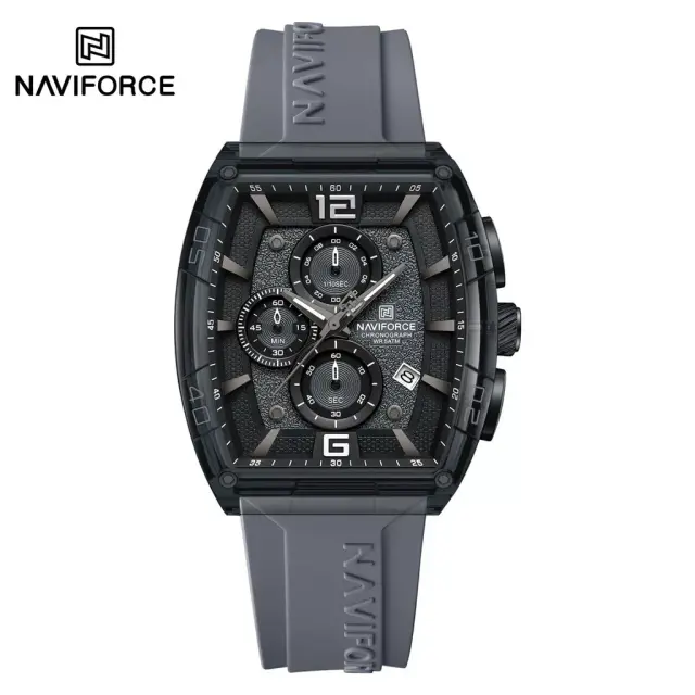 A front view of the gray Naviforce 6101 men's watch, featuring a black chronograph dial and a gray silicone strap.