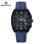 Front view of the Naviforce NF6101 Men's Watch, featuring a blue barrel-shaped case, a textured blue dial, and a blue strap.