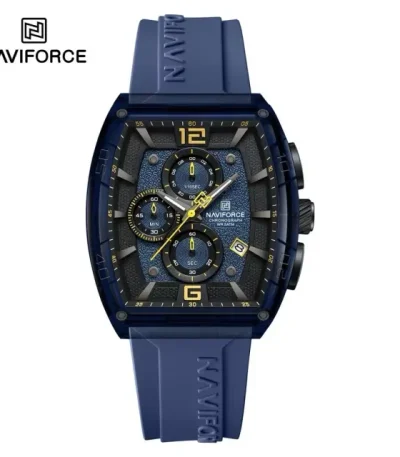 Front view of the Naviforce NF6101 Men's Watch, featuring a blue barrel-shaped case, a textured blue dial, and a blue strap.