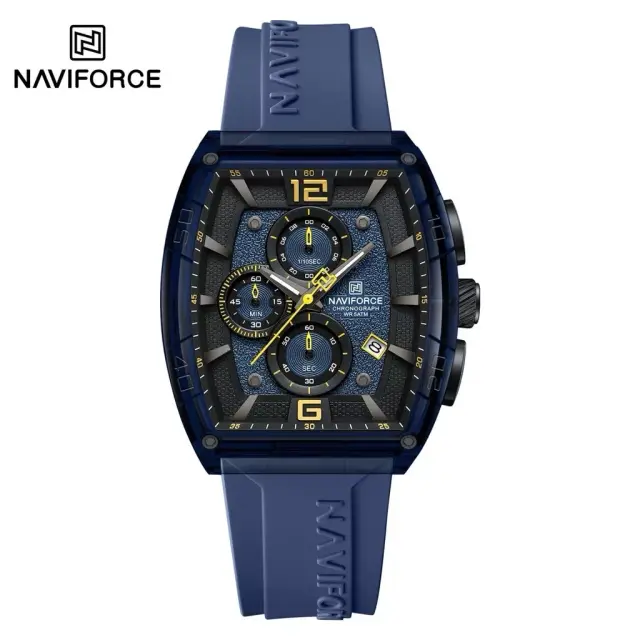 Front view of the Naviforce NF6101 Men's Watch, featuring a blue barrel-shaped case, a textured blue dial, and a blue strap.