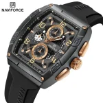 Close-up of the Naviforce 8052T Black Rose Chronograph Watch, showing its rectangular black case and rose gold details.