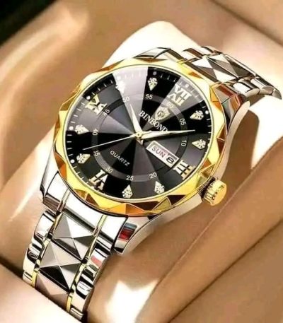 BINBOND 2521 original men's luxury watch with a black dial and two-tone gold and silver metal band.