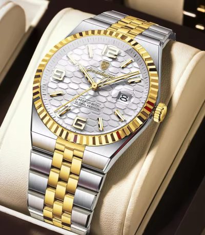 A close-up of the POEDAGAR 839 T.White watch, showing its two-tone silver and gold band and white honeycomb dial.