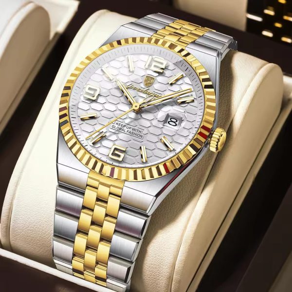 A close-up of the POEDAGAR 839 T.White watch, showing its two-tone silver and gold band and white honeycomb dial.