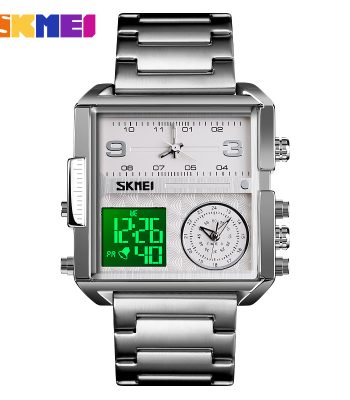 Front view of the SKMEI 1584 men's digital quartz watch, showing its silver stainless steel case and white hybrid dial.