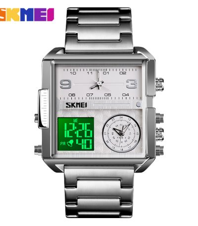 Front view of the SKMEI 1584 men's digital quartz watch, showing its silver stainless steel case and white hybrid dial.