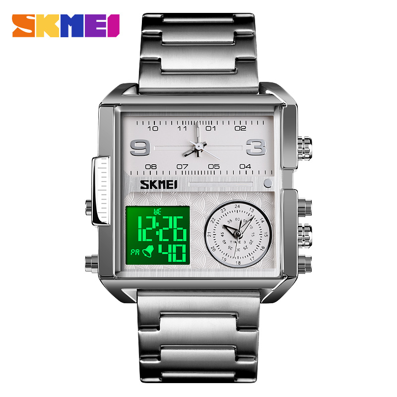 Front view of the SKMEI 1584 men's digital quartz watch, showing its silver stainless steel case and white hybrid dial.