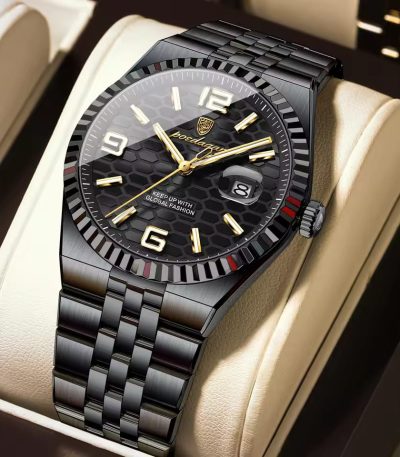 A POEDAGAR 839 fashion business mens quartz watch in black with a matching metal bracelet and gold details on the dial.