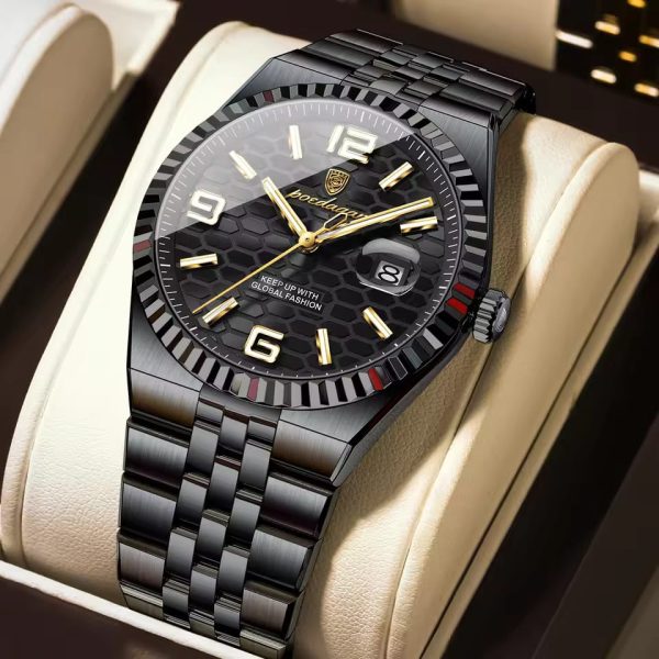 A POEDAGAR 839 fashion business mens quartz watch in black with a matching metal bracelet and gold details on the dial.