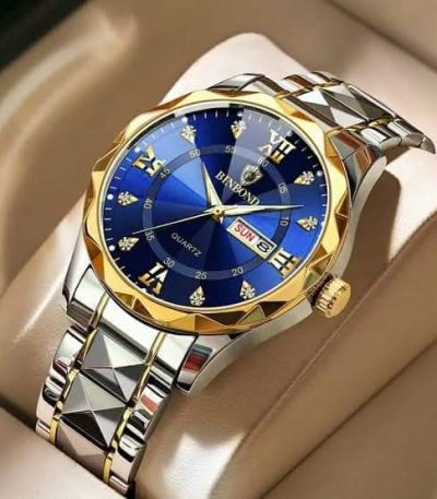 BINBOND 2521 Original Men’s Luxury Watch G/B with a blue dial, gold bezel, and two-tone silver and gold metal strap.