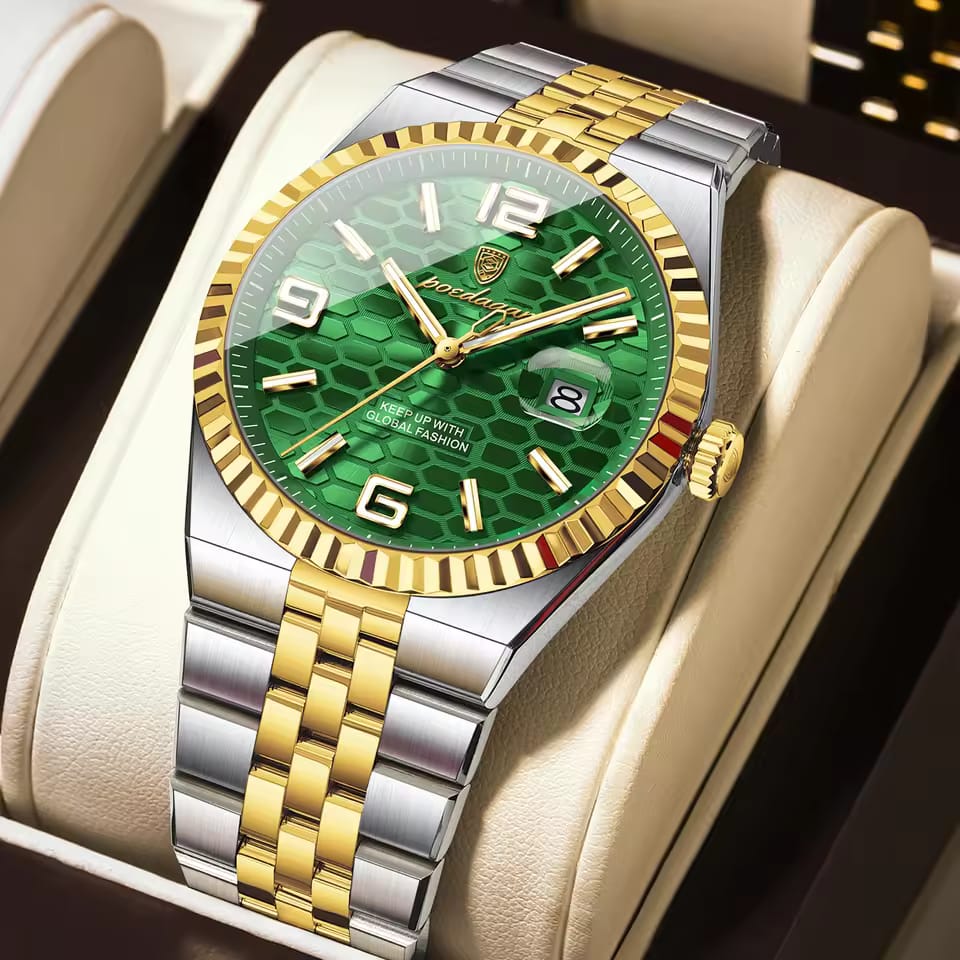 POEDAGAR 839 Fashion Business Mens Quartz Watch with a green honeycomb dial and a two-tone gold and silver stainless steel strap.