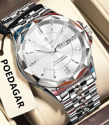 A close-up view of the POEDAGAR 674 men's watch, showing its silver stainless steel strap and white dial with a date window.