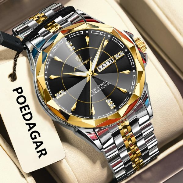 A POEDAGAR 674 Stainless Steel Men's Quartz Watch with a two-tone gold and silver band and a black, faceted dial.