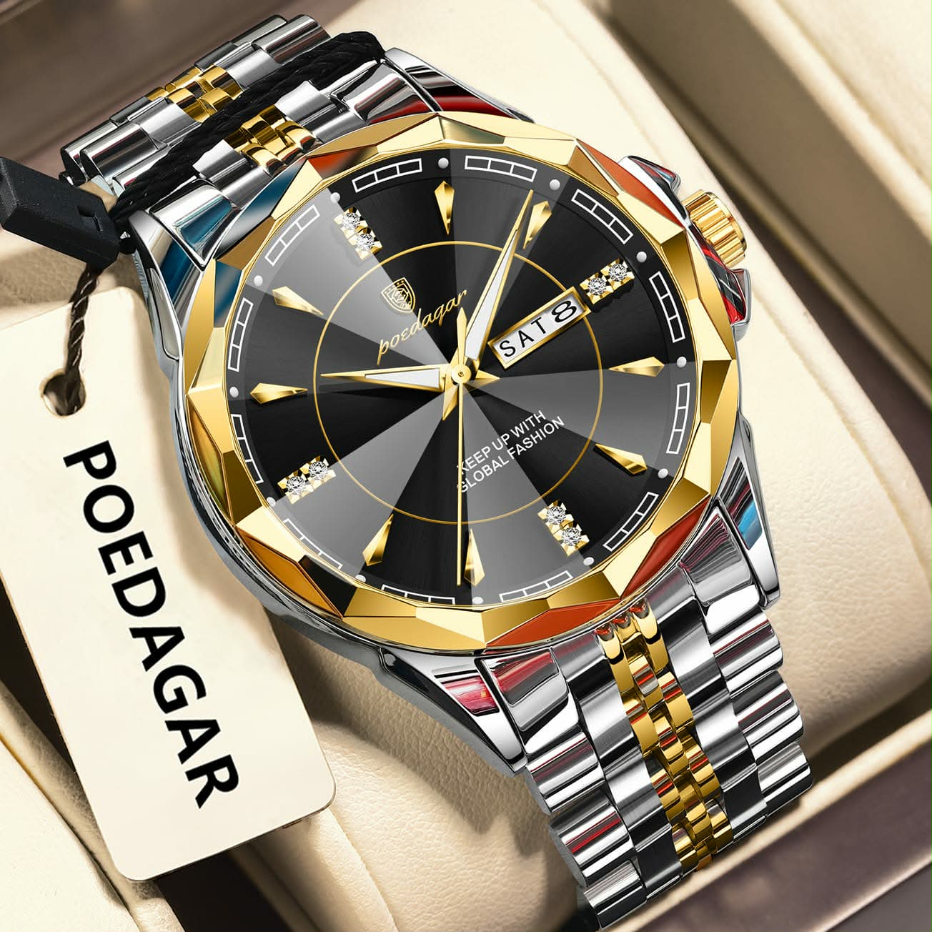 A POEDAGAR 674 Stainless Steel Men's Quartz Watch with a two-tone gold and silver band and a black, faceted dial.