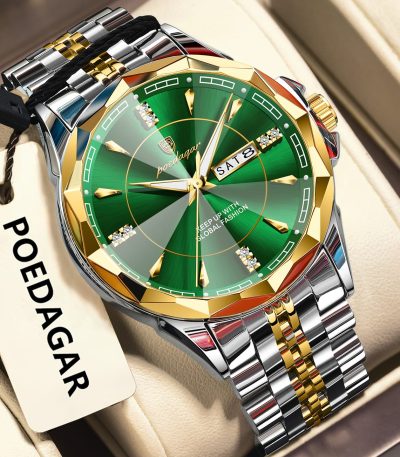 A POEDAGAR 674 men's watch with a green dial, and a two-tone gold and silver stainless steel band, resting in its box.