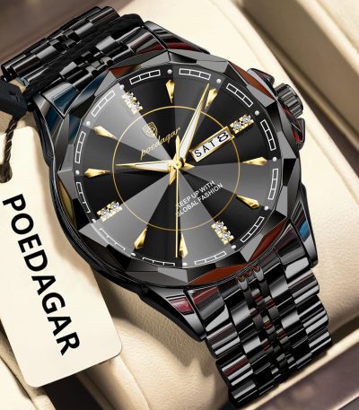 A close-up of the POEDAGAR 674 men's watch, featuring a black stainless steel band and a faceted black and gold dial.