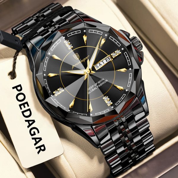 A close-up of the POEDAGAR 674 men's watch, featuring a black stainless steel band and a faceted black and gold dial.