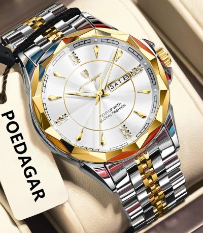 A POEDAGAR 674 men's quartz watch featuring a white dial with a day-date window, set in a case with a gold-tone faceted bezel and a two-tone bracelet.