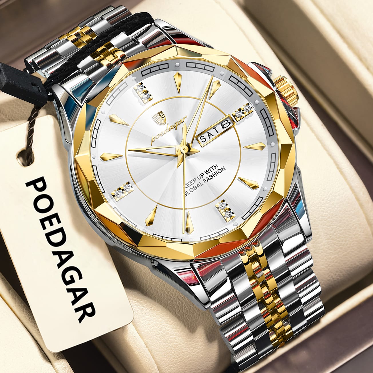 A POEDAGAR 674 men's quartz watch featuring a white dial with a day-date window, set in a case with a gold-tone faceted bezel and a two-tone bracelet.