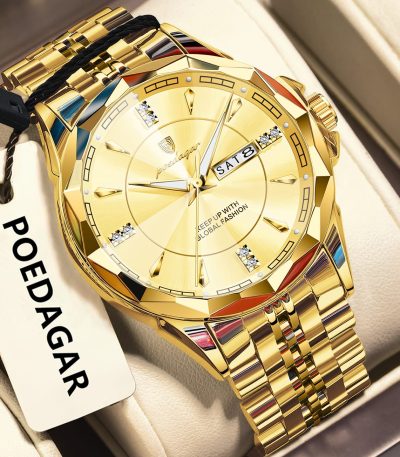 A close-up of the POEDAGAR 674 gold stainless steel men's quartz watch, showing its gold dial and faceted bezel.