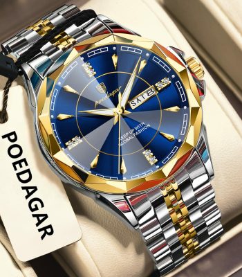 A POEDAGAR 674 men's stainless steel watch featuring a blue dial with gold accents, set against a two-tone bracelet.