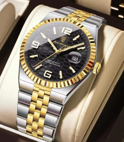 A POEDAGAR 839 Fashion Business Mens Quartz Watch with a two-tone silver and gold metal band and a black honeycomb dial.