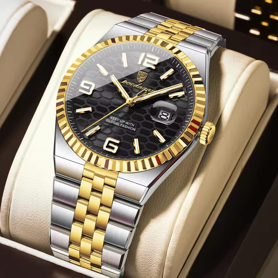 A POEDAGAR 839 Fashion Business Mens Quartz Watch with a two-tone silver and gold metal band and a black honeycomb dial.