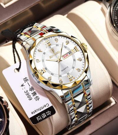 BINBOND 2521 Original Men’s Luxury Watch with a two-tone silver and gold metal band and a white dial featuring crystal hour markers.