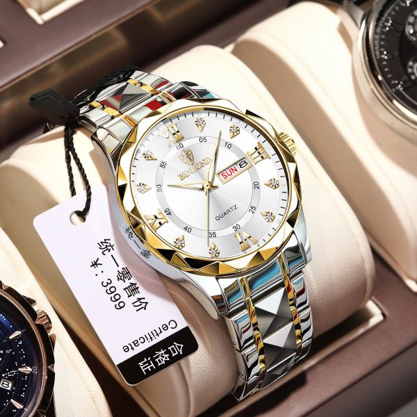 BINBOND 2521 Original Men’s Luxury Watch with a two-tone silver and gold metal band and a white dial featuring crystal hour markers.