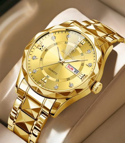 A close-up of a BINBOND 2521 men's luxury gold watch featuring a gold dial with crystal markers and a date display.